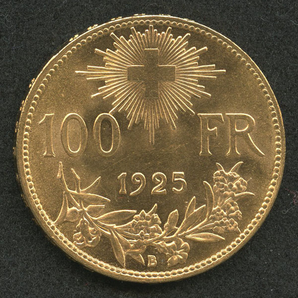 スイス １００フラン金貨 １９２５年 ブレネリ ＵＮＣ - 加治将一