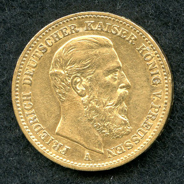 ドイツ　プロイセン20マルク金貨1888年フリードリッヒ3世　EF