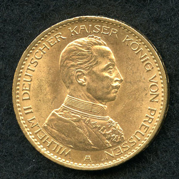 ドイツ プロイセン 20マルク金貨 1914年 ヴィルヘルム2世 ミリタリー AU／UNC - 加治将一オフィシャルサイト 『加治将一の部屋』